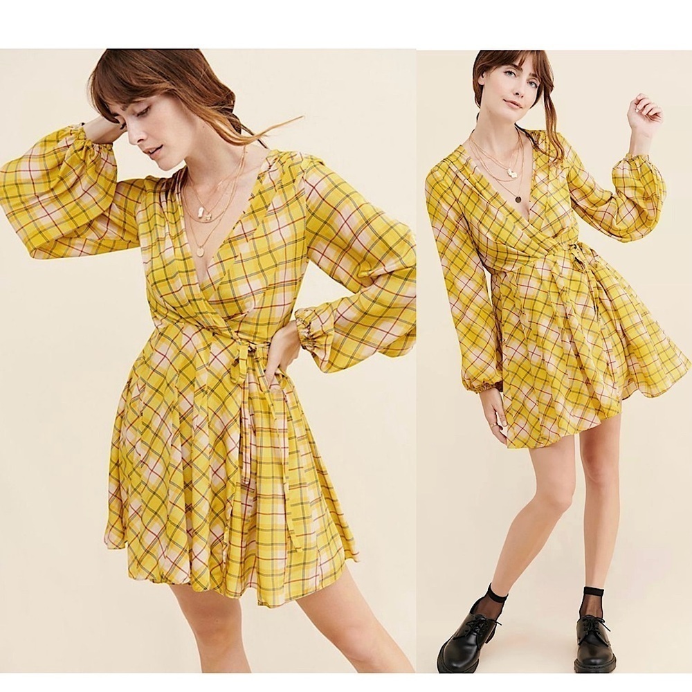 ROCOCO SAND 90s Plaid Check Puff Long Sleeve V-Neck Wrap Pleated Mini Dress S